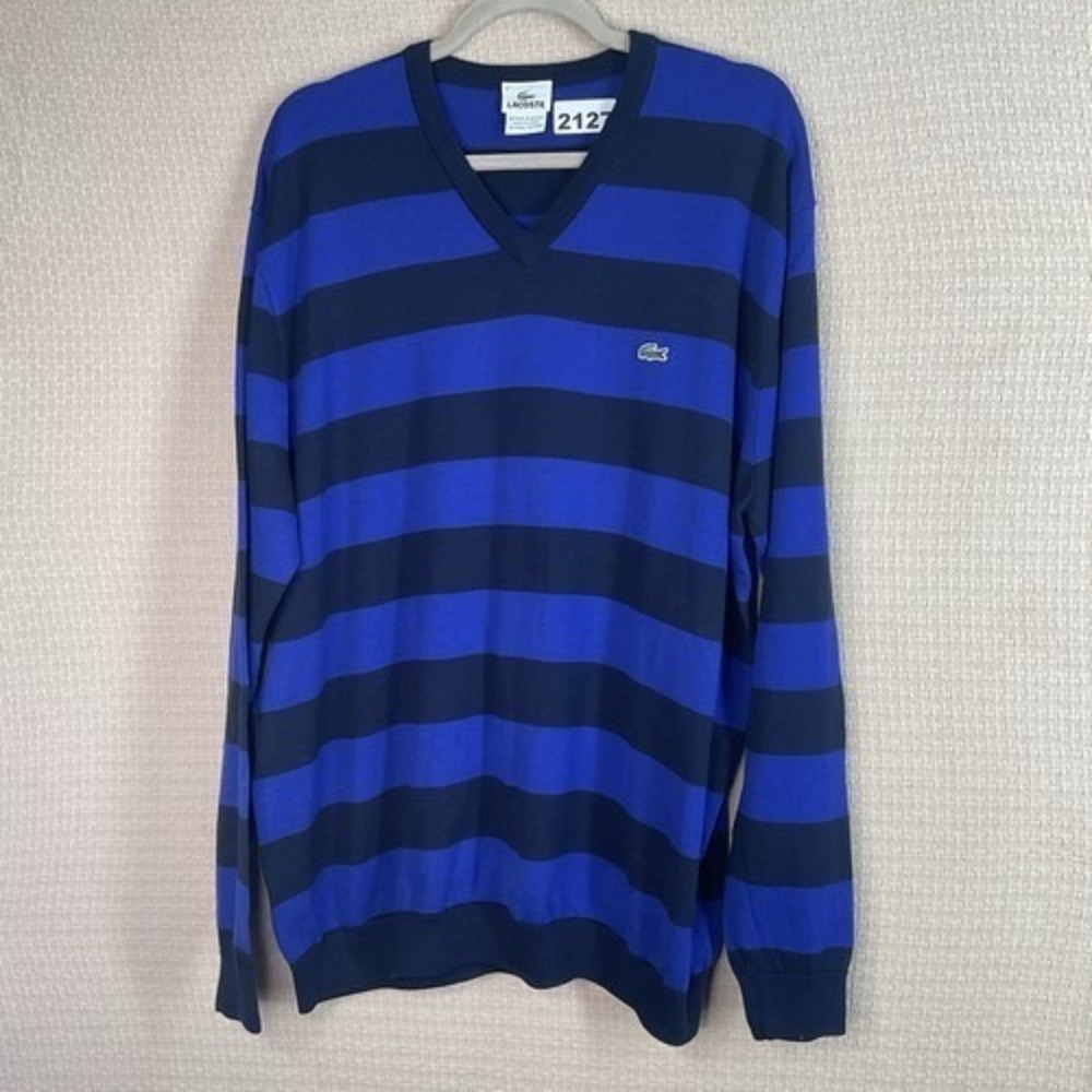 NWOT Lacoste Blue/Black Stripes V-Neck Sweater Pullover Men 7/XL China Cotton